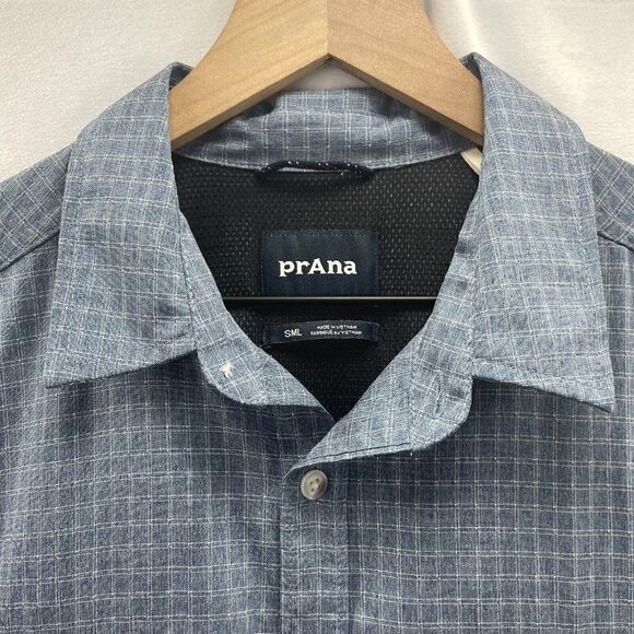 Prana Shirt Mens Small Blue Plaid Button Up Camp Fishing Hunting Vented Garvan - Picture 4 of 7